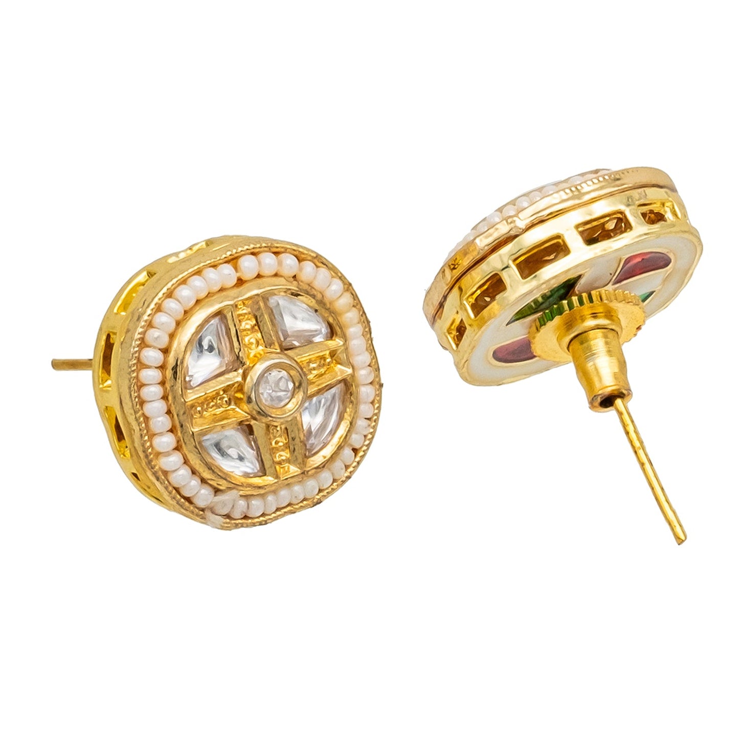 Traditional Indian Gold Plated Kundan,Polki,CZ,Pearls And Crystal Studded Bridal Stud Earring For women-White (SJE_86_W)