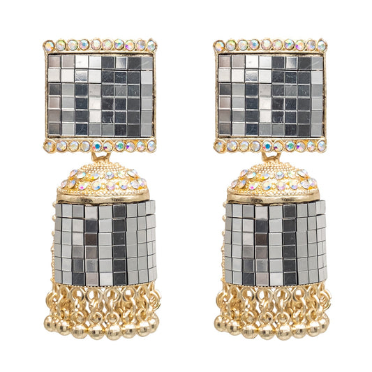 Traditional Indian Gold Pleted CZ, Crystal Mirror Studded Jhumka Earring For Women (SJE_94_G)