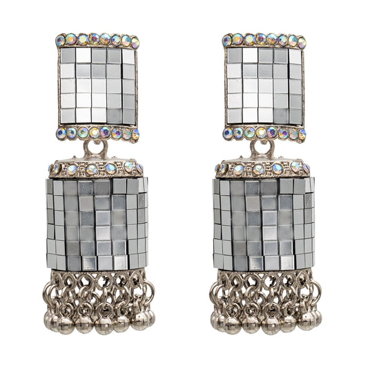 Traditional Indian Silver CZ, Crystal Mirror Studded Jhumka Earring For Women (SJE_94_S)