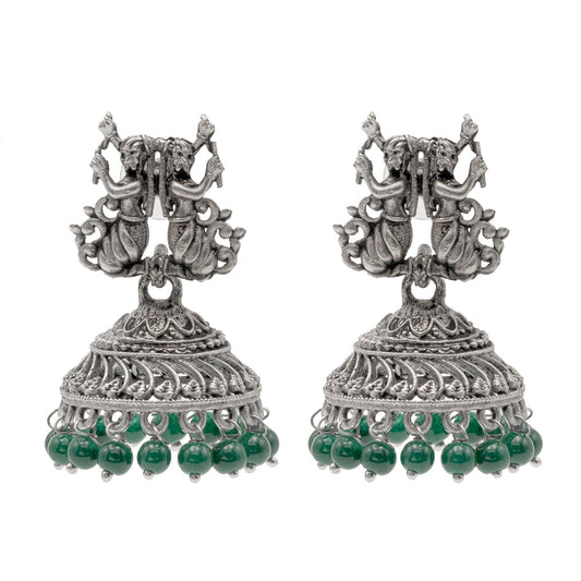 Traditional Indian Matte Silver Oxidised CZ Crystal Studded Temple Jhumka Earring For Women -  Silver Green (SJE_98_S_G)