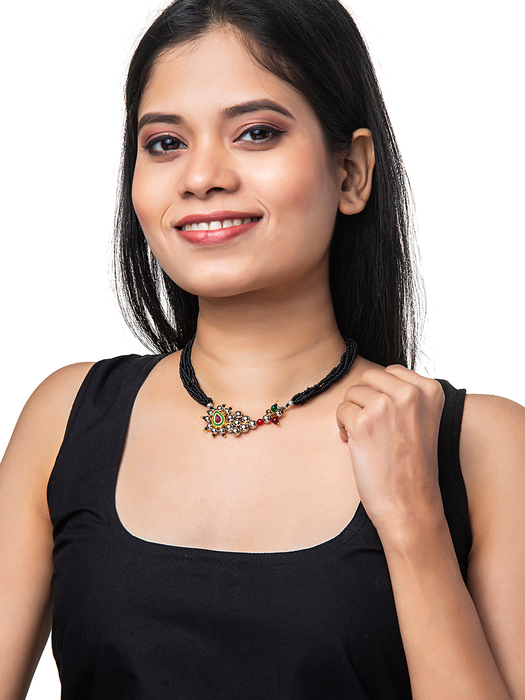 Shining Jewel Silver Oxidised Traditional Mangalsutra Thushi Necklace For Women & Girls (SJN_05)