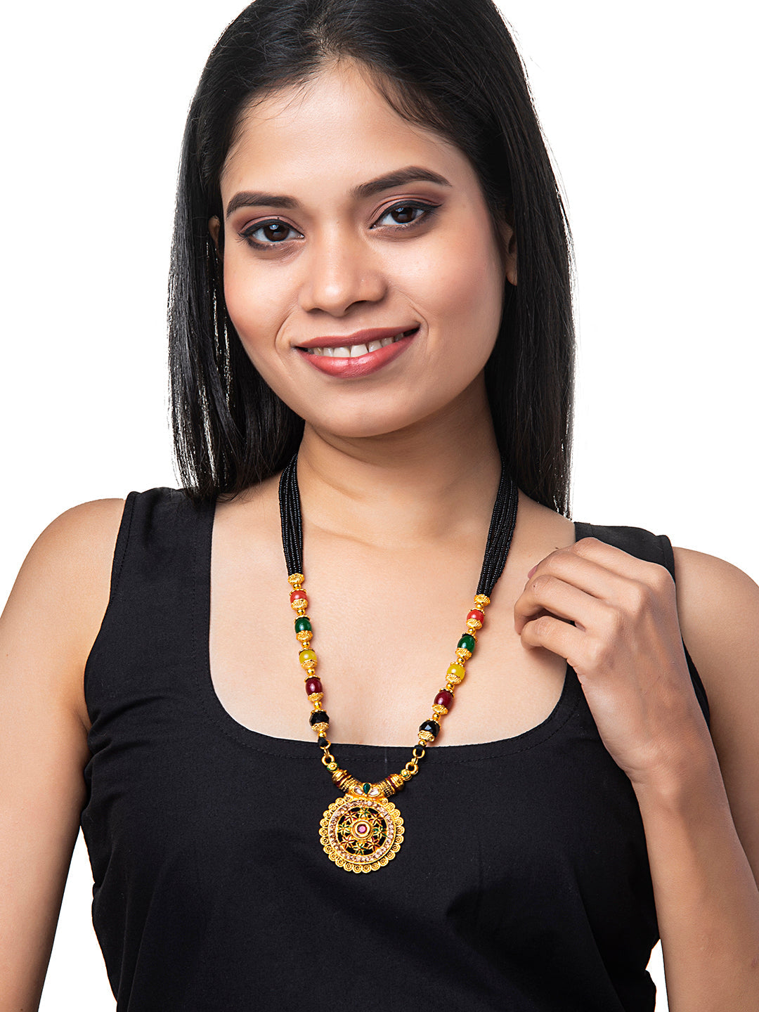 Shining jewel Traditional Indian Handcrafted Gold Plated Designer Fancy Mangalsutra Thushi mala Necklace Pendant Set For Women (SJN_06)