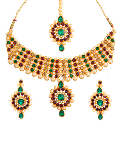 Shining Jewel Traditional Multistrand  White Beads Kundan, Green Stone Studded Pearl Choker Necklace With Earrings & Maang Tikka For Women (SJN_102_G)