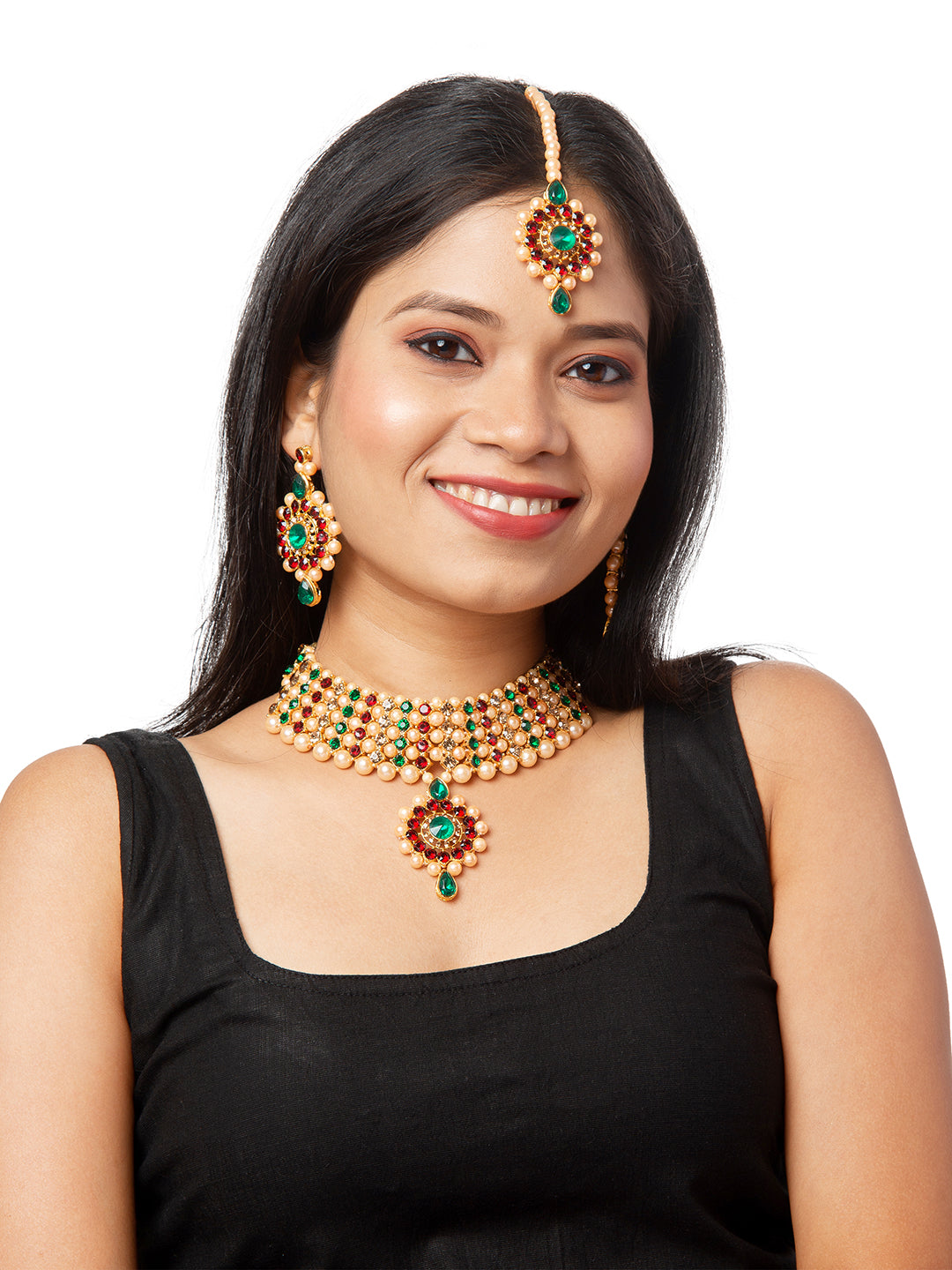 Shining Jewel Traditional Multistrand  White Beads Kundan, Green Stone Studded Pearl Choker Necklace With Earrings & Maang Tikka For Women (SJN_102_G)