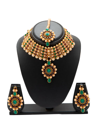 Shining Jewel Traditional Multistrand  White Beads Kundan, Green Stone Studded Pearl Choker Necklace With Earrings & Maang Tikka For Women (SJN_102_G)