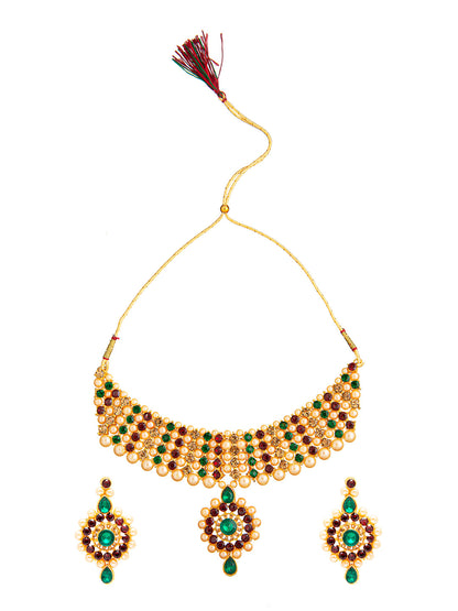 Shining Jewel Traditional Multistrand  White Beads Kundan, Green Stone Studded Pearl Choker Necklace With Earrings & Maang Tikka For Women (SJN_102_G)