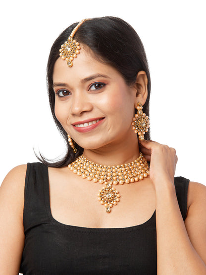 Shining Jewel Traditional Multistrand  Beads Kundan, LCT Stone Studded Pearl Choker Necklace With Earrings & Maang Tikka For Women (SJN_102_LC)