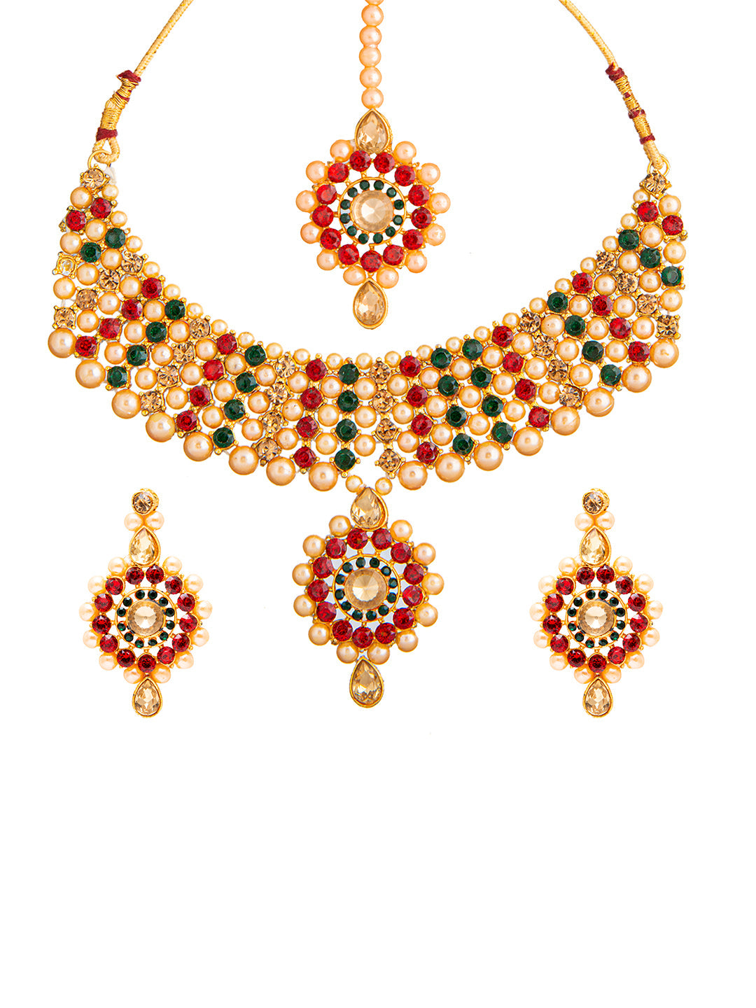 Shining Jewel Traditional Multistrand White Beads Kundan, Red Stone Studded Pearl Choker Necklace With Earrings & Maang Tikka For Women (SJN_102_R)