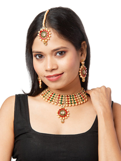 Shining Jewel Traditional Multistrand White Beads Kundan, Red Stone Studded Pearl Choker Necklace With Earrings & Maang Tikka For Women (SJN_102_R)