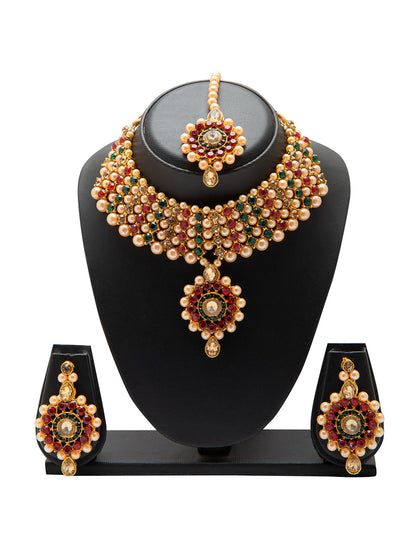 Shining Jewel Traditional Multistrand White Beads Kundan, Red Stone Studded Pearl Choker Necklace With Earrings & Maang Tikka For Women (SJN_102_R)