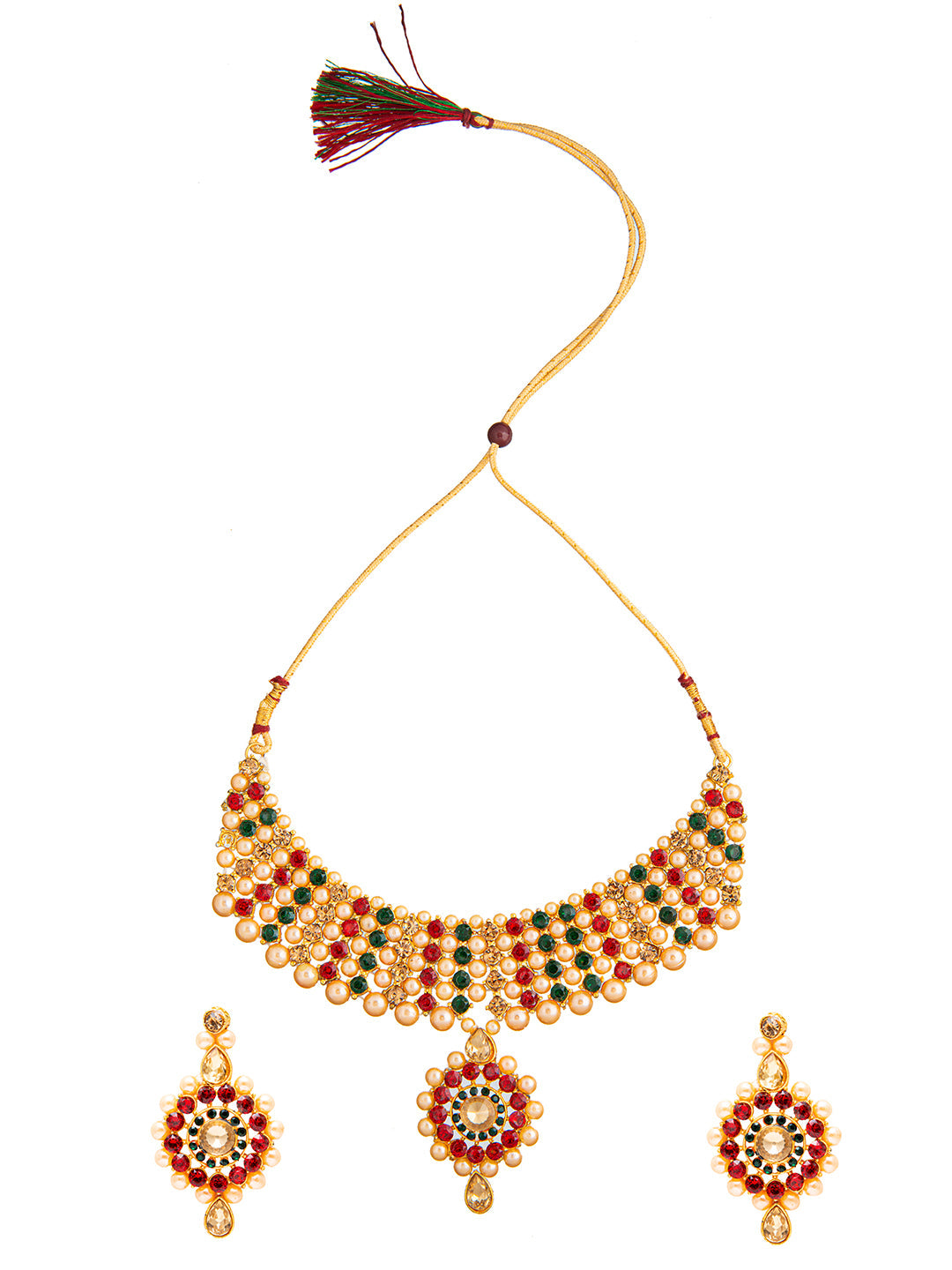 Shining Jewel Traditional Multistrand White Beads Kundan, Red Stone Studded Pearl Choker Necklace With Earrings & Maang Tikka For Women (SJN_102_R)