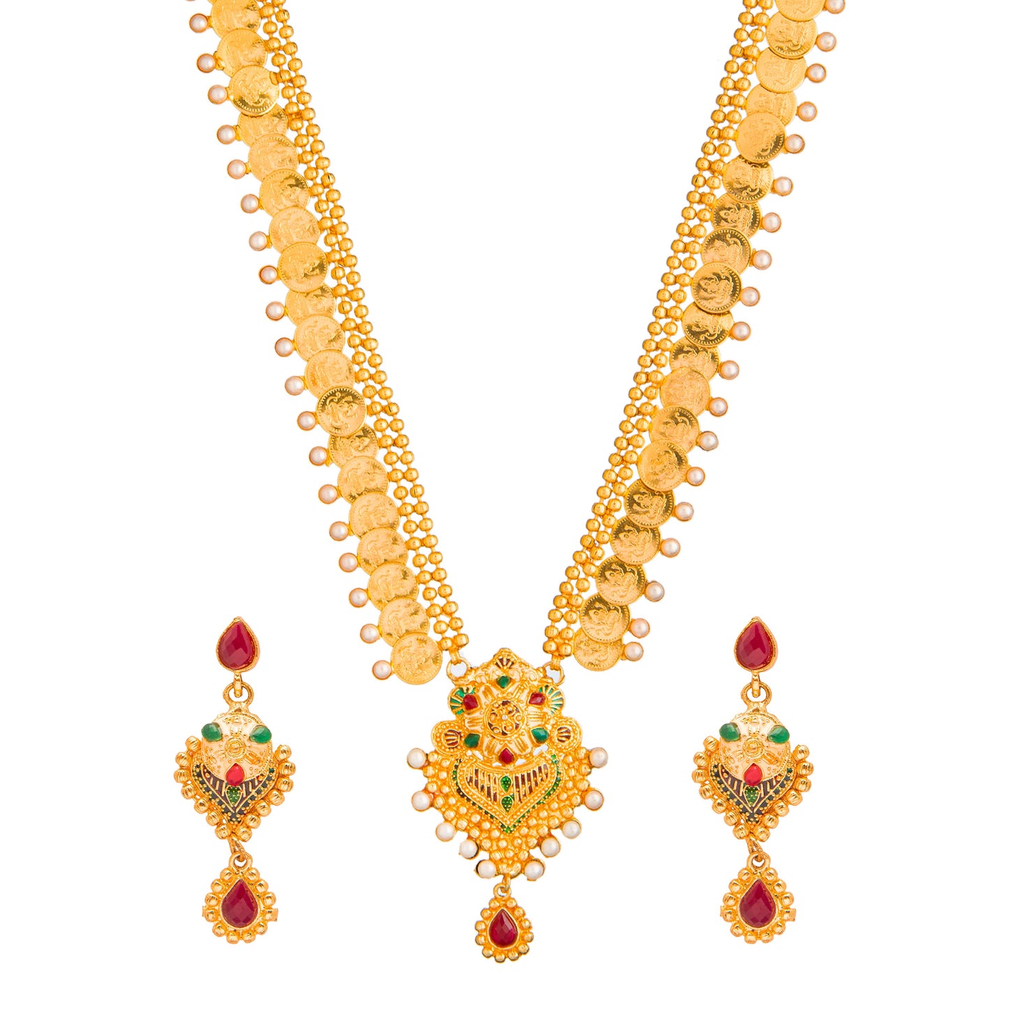 Shining Jewel Gold Plated Traditional Bridal Long Temple Coin Necklace set with Earrings for Women