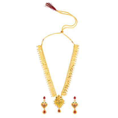 Shining Jewel Gold Plated Traditional Bridal Long Temple Coin Necklace set with Earrings for Women