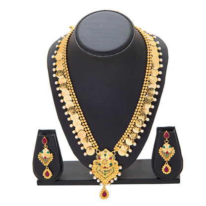 Shining Jewel Gold Plated Traditional Bridal Long Temple Coin Necklace set with Earrings for Women