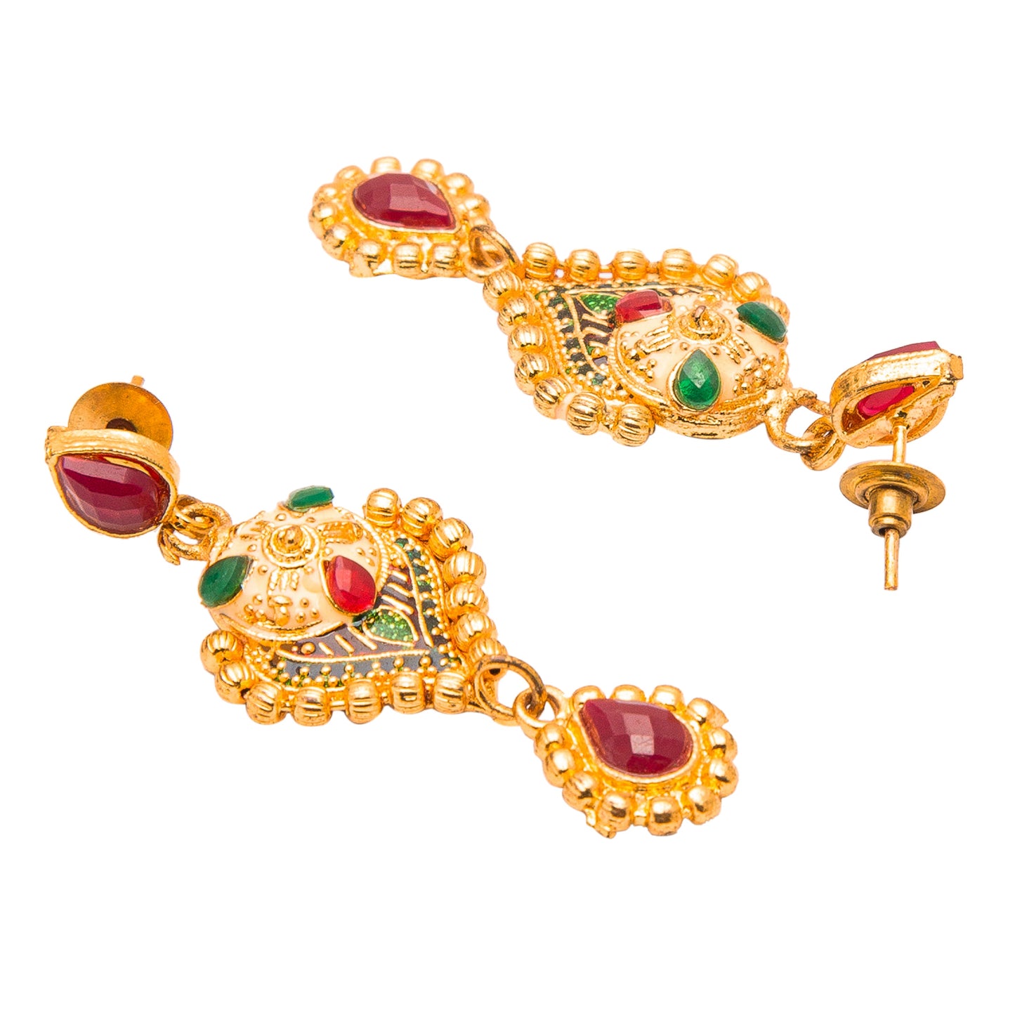 Shining Jewel Gold Plated Traditional Bridal Long Temple Coin Necklace set with Earrings for Women