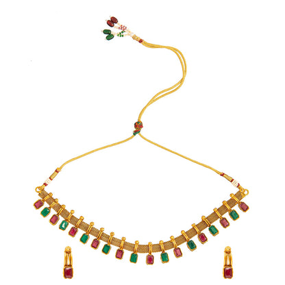 Shining Jewel Traditional Antique Gold Plated Multi Color Choker Necklace with Matching Earring