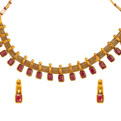 Shining Jewel Traditional Antique Gold Plated Maroon Color Choker Necklace with Matching Earring