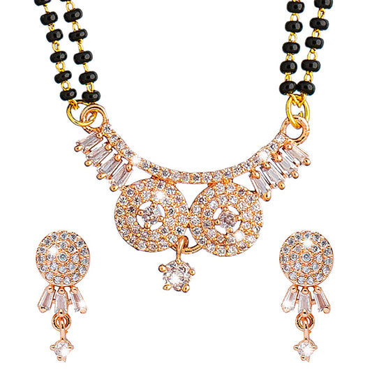 Shining Jewel Rose Gold Plated Solitaire, CZ, Crystal & AD Studded Mangalsutra Tanmaniya Pendant Necklace Jewellery Set with Earrings (SJN_113)