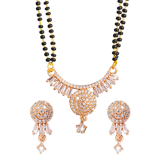 Shining Jewel Rose Gold Plated Solitaire, CZ, Crystal & AD Studded Mangalsutra Tanmaniya Pendant Necklace Jewellery Set with Earrings (SJN_114)