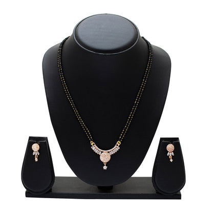 Shining Jewel Rose Gold Plated Solitaire, CZ, Crystal & AD Studded Mangalsutra Tanmaniya Pendant Necklace Jewellery Set with Earrings (SJN_114)