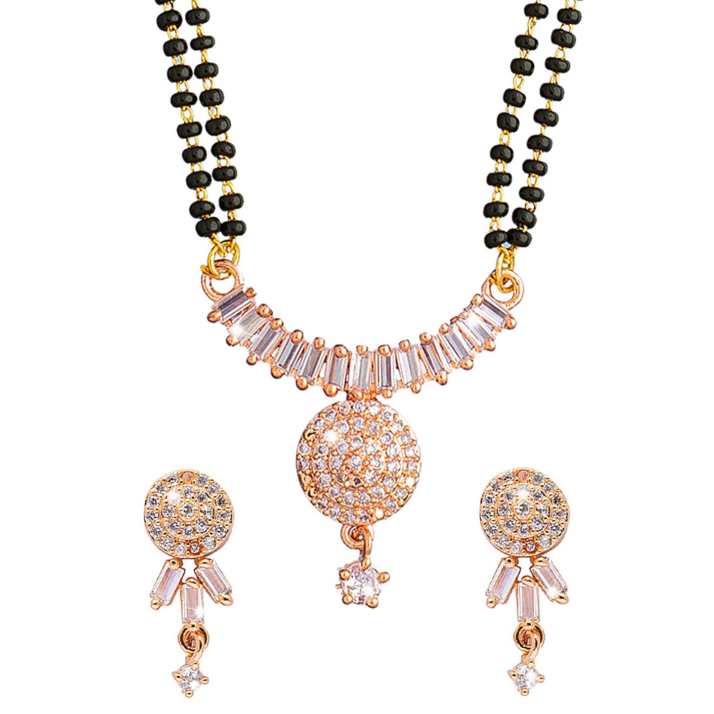 Shining Jewel Rose Gold Plated Solitaire, CZ, Crystal & AD Studded Mangalsutra Tanmaniya Pendant Necklace Jewellery Set with Earrings (SJN_115)