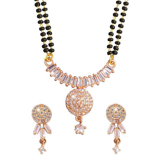 Shining Jewel Rose Gold Plated Solitaire, CZ, Crystal & AD Studded Mangalsutra Tanmaniya Pendant Necklace Jewellery Set with Earrings (SJN_115)