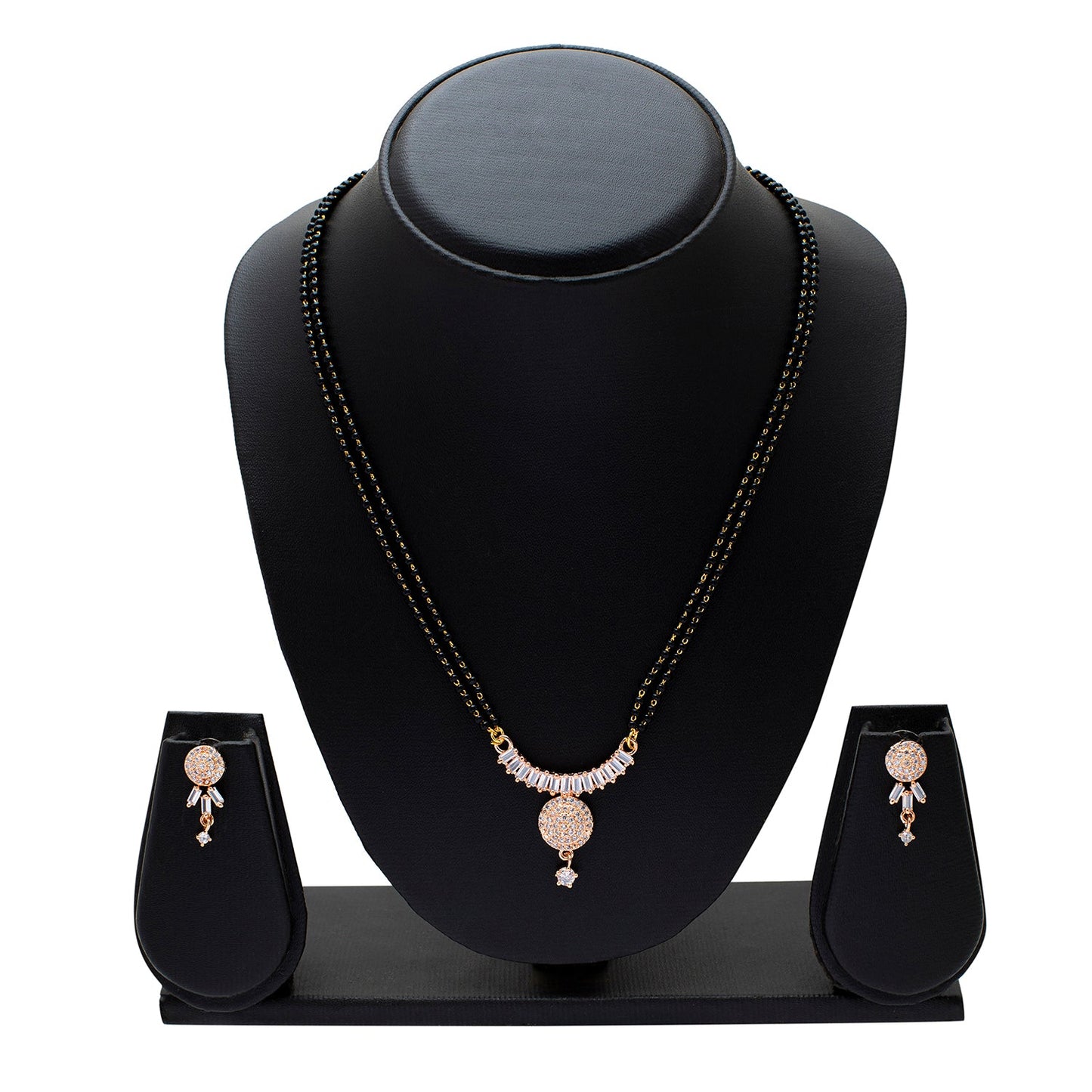 Shining Jewel Rose Gold Plated Solitaire, CZ, Crystal & AD Studded Mangalsutra Tanmaniya Pendant Necklace Jewellery Set with Earrings (SJN_115)