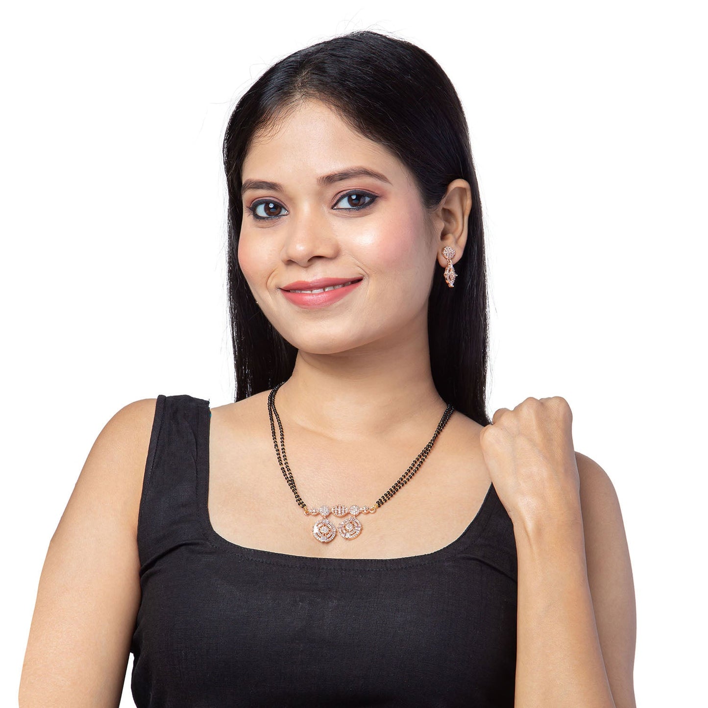 Shining Jewel Rose Gold Plated Solitaire, CZ, Crystal & AD Studded Mangalsutra Tanmaniya Pendant Necklace Jewellery Set with Earrings (SJN_116)