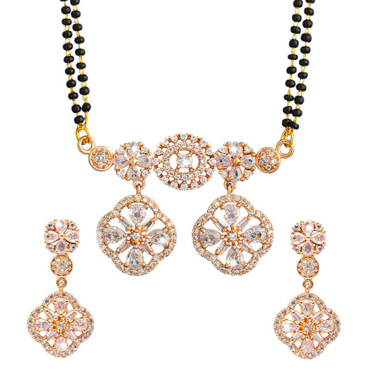 Shining Jewel Rose Gold Plated Solitaire, CZ, Crystal & AD Studded Mangalsutra Tanmaniya Pendant Necklace Jewellery Set with Earrings (SJN_119)