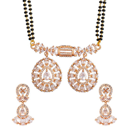 Shining Jewel Rose Gold Plated Solitaire, CZ, Crystal & AD Studded Mangalsutra Tanmaniya Pendant Necklace Jewellery Set with Earrings (SJN_120)