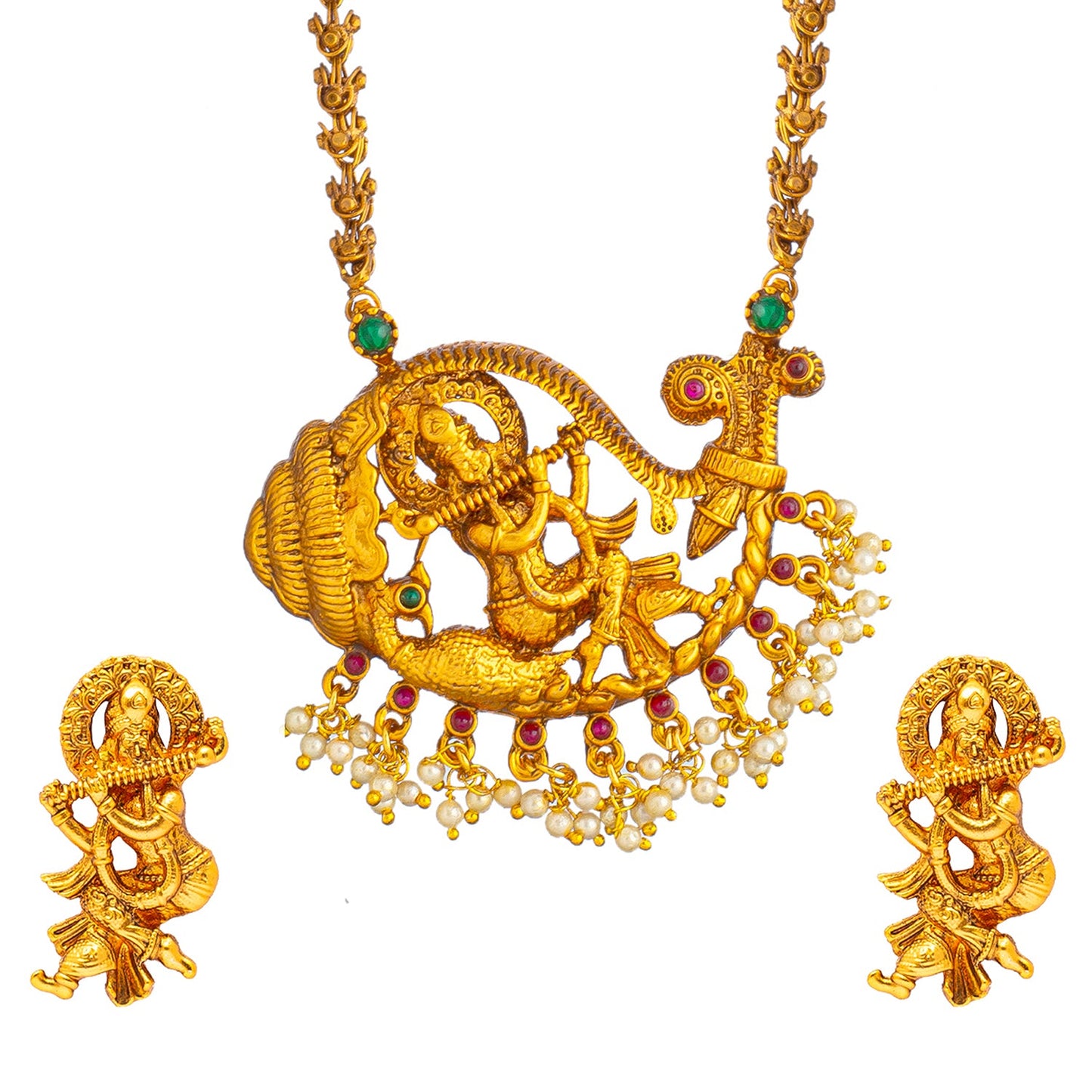 Shining Jewel Handcrafted Antique Gold Plated Bridal and Festival Temple Jewellery Necklace With Matching Earring For Women (SJN_122)