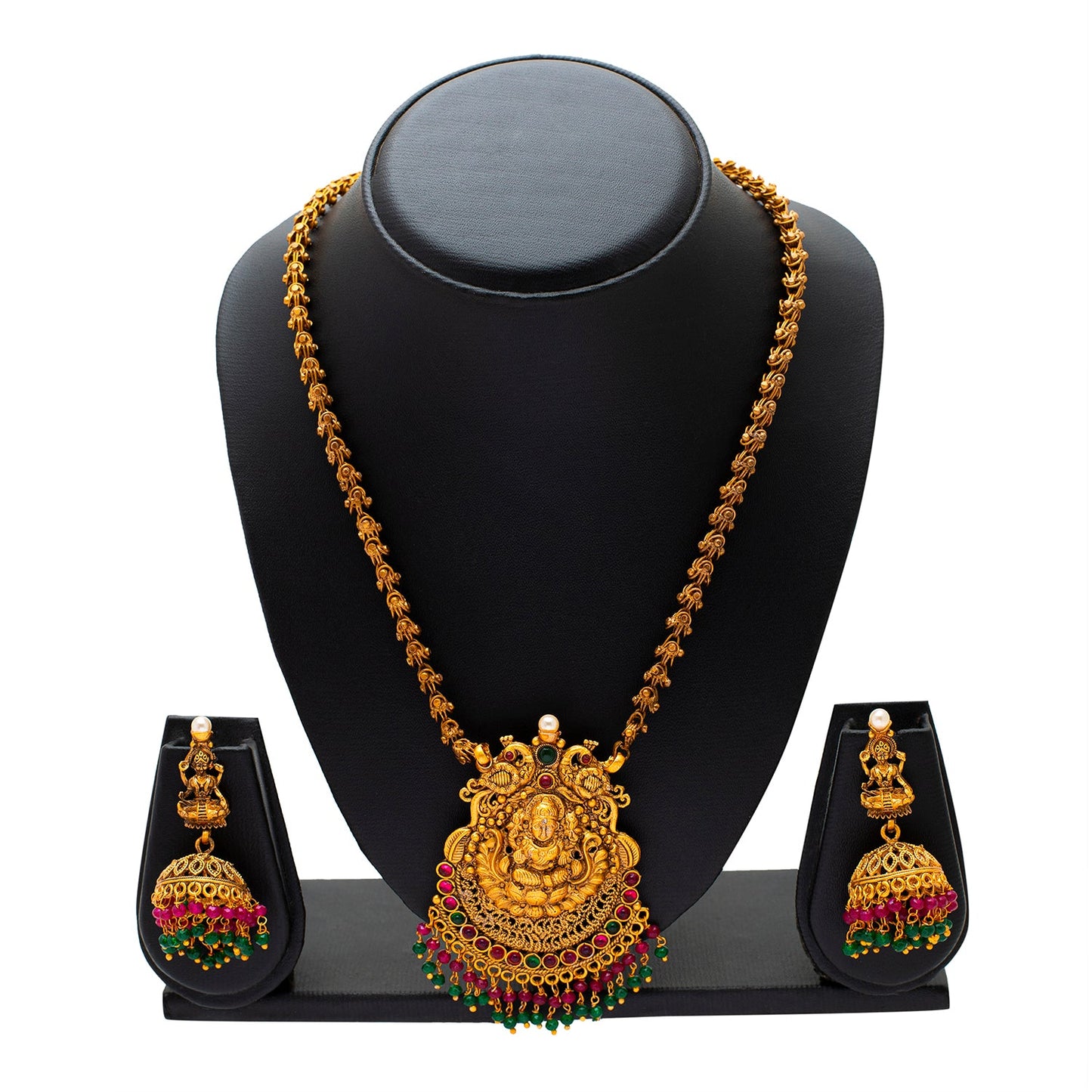 Shining Jewel Handcrafted Antique Gold Plated Godess Lakshmi Temple Jewellery Necklace With Matching Jhumka Earring For Women (SJN_126)