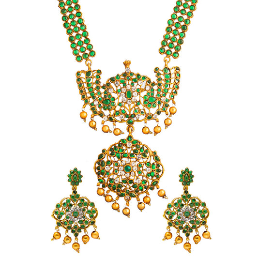 Shining Jewel Antique Gold Plated Traditional Kundan, CZ, Studded Long Bridal Jewellery Necklace Set With Matching Earrings For Women (SJN_129_G)