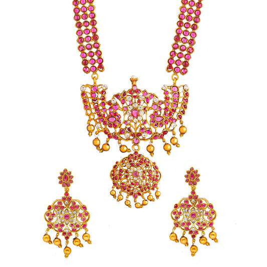 Shining Jewel Antique Gold Plated Traditional Kundan, CZ, Studded Long Bridal Jewellery Necklace Set With Matching Earrings For Women (SJN_129_M)