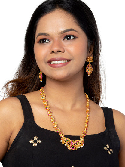 Shining Jewel Traditional Antique Gold Plated Temple Jewellery Long Bridal Jewellery Necklace Set for Women (SJN_141)