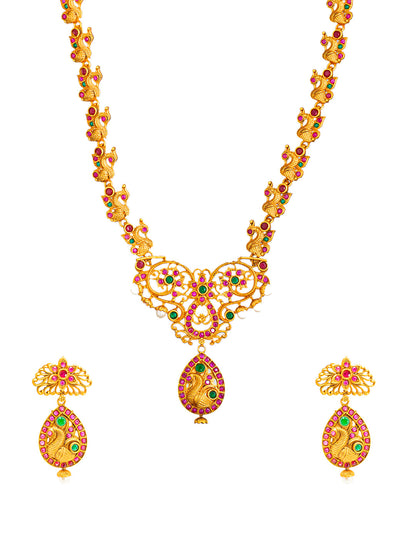 Shining Jewel Traditional Antique Gold Plated Temple Jewellery Long Bridal Jewellery Necklace Set for Women (SJN_141)
