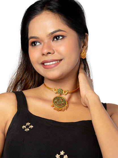 Shining Jewel Matte Antique Gold Plated Traditional Green, CZ, Studded Jewellery Pipe Necklace Set With Matching Earrings For Women (SJN_144_(G)