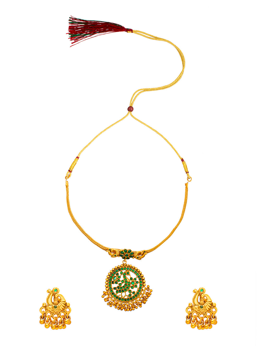 Shining Jewel Matte Antique Gold Plated Traditional Green, CZ, Studded Jewellery Pipe Necklace Set With Matching Earrings For Women (SJN_144_(G)