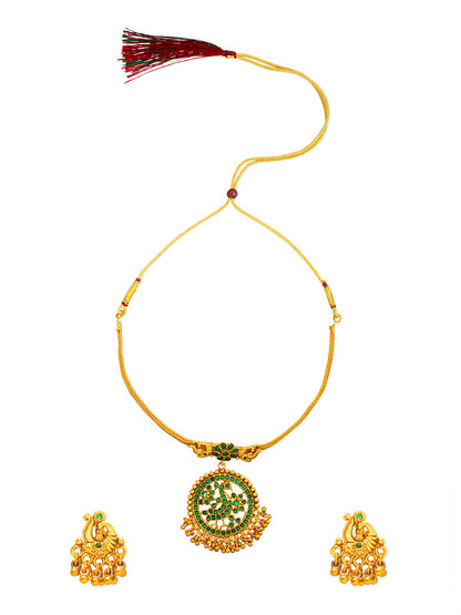 Shining Jewel Matte Antique Gold Plated Traditional Green, CZ, Studded Jewellery Pipe Necklace Set With Matching Earrings For Women (SJN_144_(G)