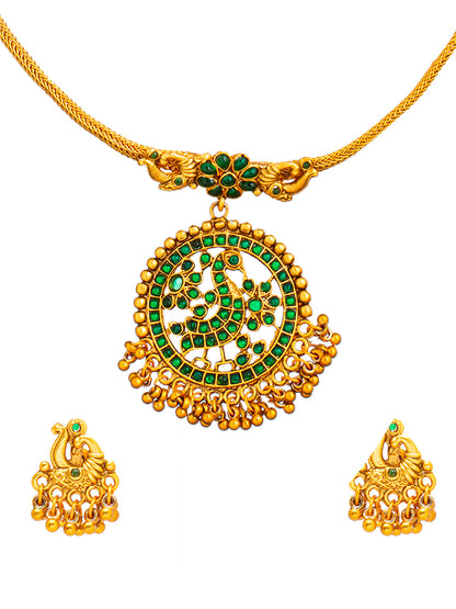 Shining Jewel Matte Antique Gold Plated Traditional Green, CZ, Studded Jewellery Pipe Necklace Set With Matching Earrings For Women (SJN_144_(G)