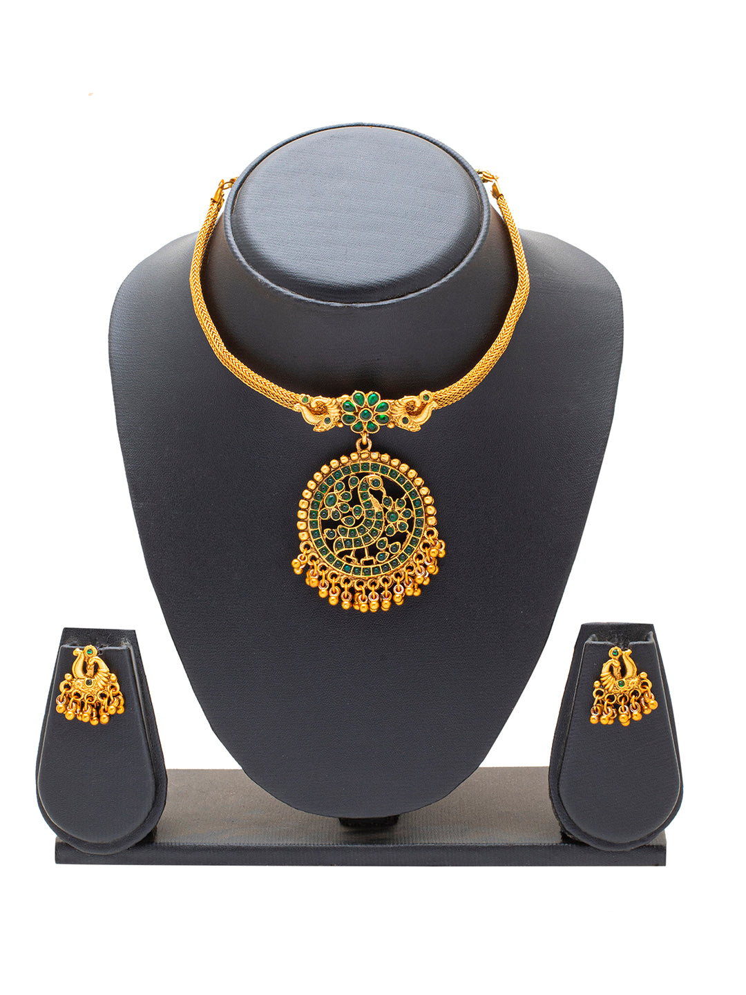 Shining Jewel Matte Antique Gold Plated Traditional Green, CZ, Studded Jewellery Pipe Necklace Set With Matching Earrings For Women (SJN_144_(G)