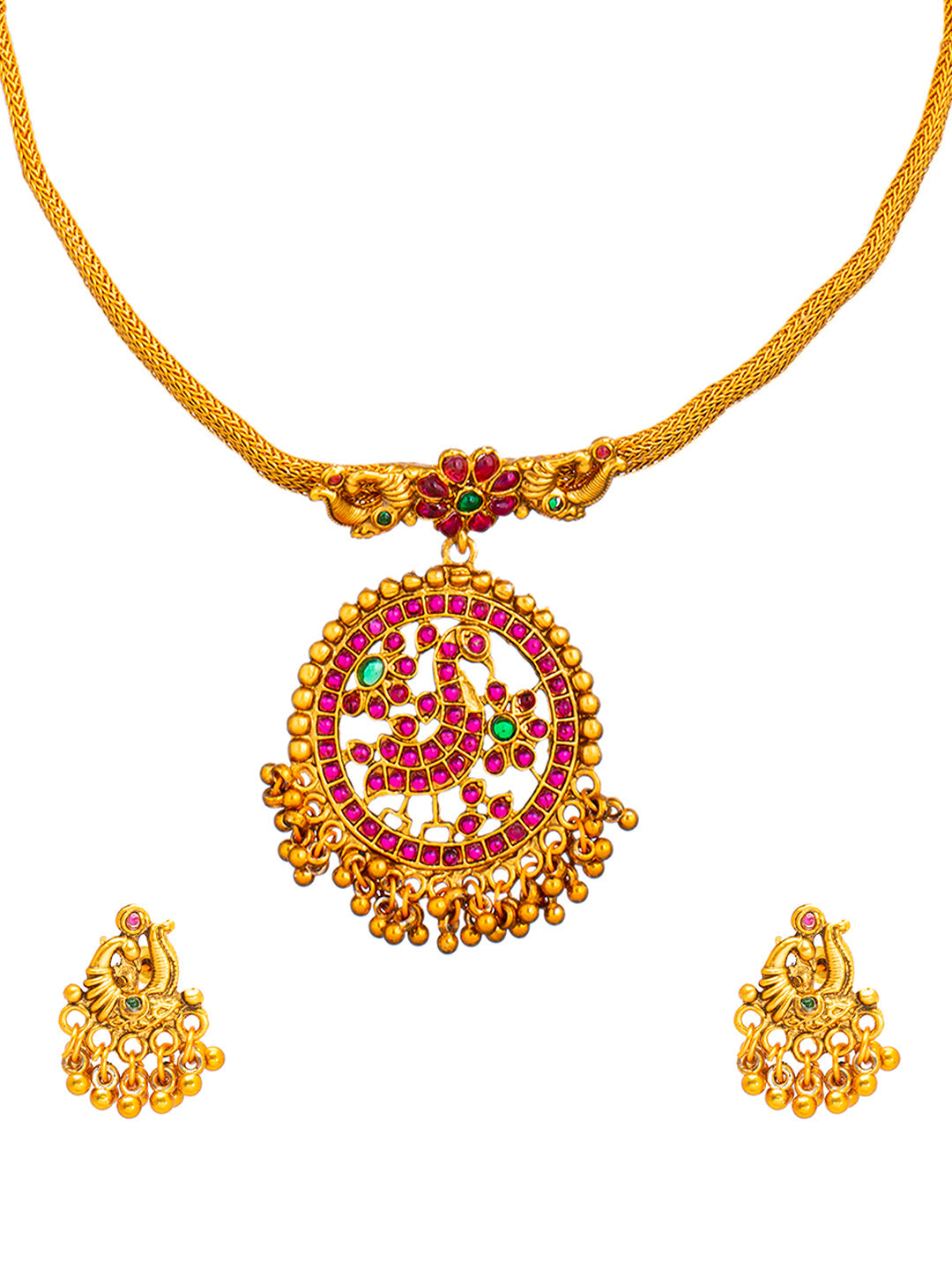 Shining Jewel Matte Antique Gold Plated Traditional Multicolor, CZ, Studded Jewellery Pipe Necklace Set With Matching Earrings For Women (SJN_144_(MT)