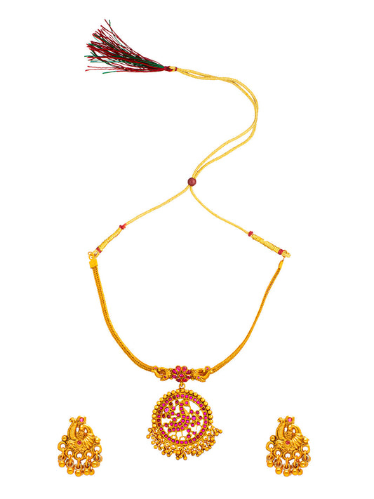 Shining Jewel Matte Antique Gold Plated Traditional Maroon, CZ, Studded Jewellery Pipe Necklace Set With Matching Earrings For Women (SJN_144_(M)