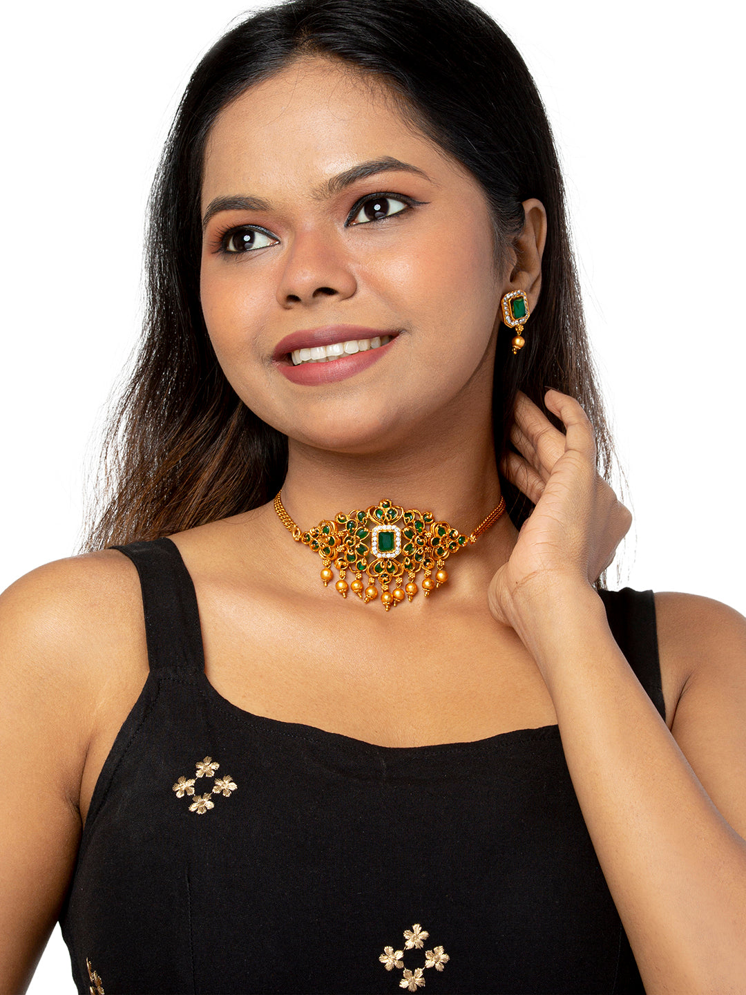 Shining Jewel Handcrafted Antique Gold Plated Traditional Kundan,CZ, Studded Choker Jewellery Necklace set With Matching Earring For Women (SJN_145_G)