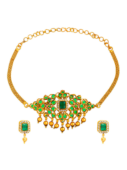 Shining Jewel Handcrafted Antique Gold Plated Traditional Kundan,CZ, Studded Choker Jewellery Necklace set With Matching Earring For Women (SJN_145_G)