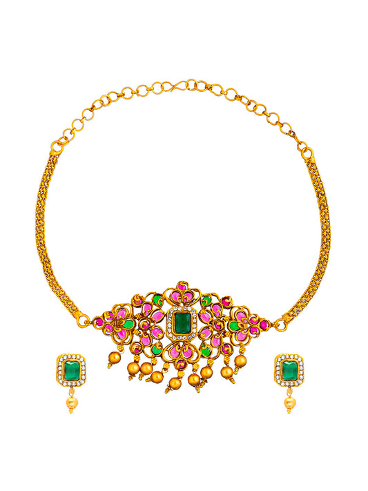 Shining Jewel Handcrafted Antique Gold Plated Traditional Kundan,CZ, Studded Choker Jewellery Necklace set With Matching Earring For Women (SJN_145_MT)