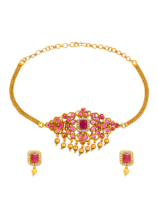 Shining Jewel Handcrafted Antique Gold Plated Traditional Kundan,CZ, Studded Choker Jewellery Necklace set With Matching Earring For Women (SJN_145_M)
