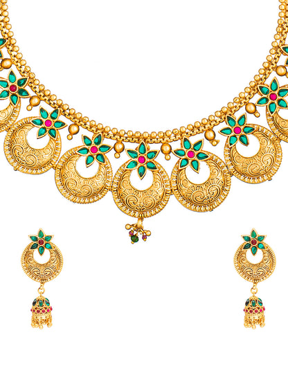 Shining Jewel Handcrafted Antique Gold Plated Traditional Kundan,CZ, Studded Jewellery Necklace set With Matching Earring For Women (SJN_151)