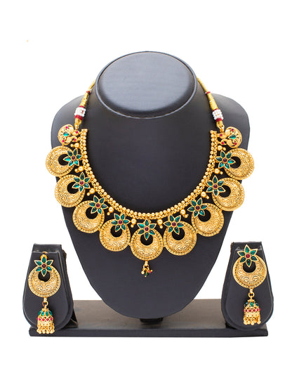 Shining Jewel Handcrafted Antique Gold Plated Traditional Kundan,CZ, Studded Jewellery Necklace set With Matching Earring For Women (SJN_151)