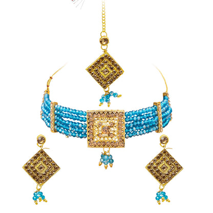 Shining Jewel Gold Plated Kundan Pearl Choker Bridal Necklace Combo Jewellery Set with Maang Tikka and Earrings for Women (SJN_156_AQ)